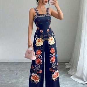 Navy Floral Wide-Leg Jumpsuit